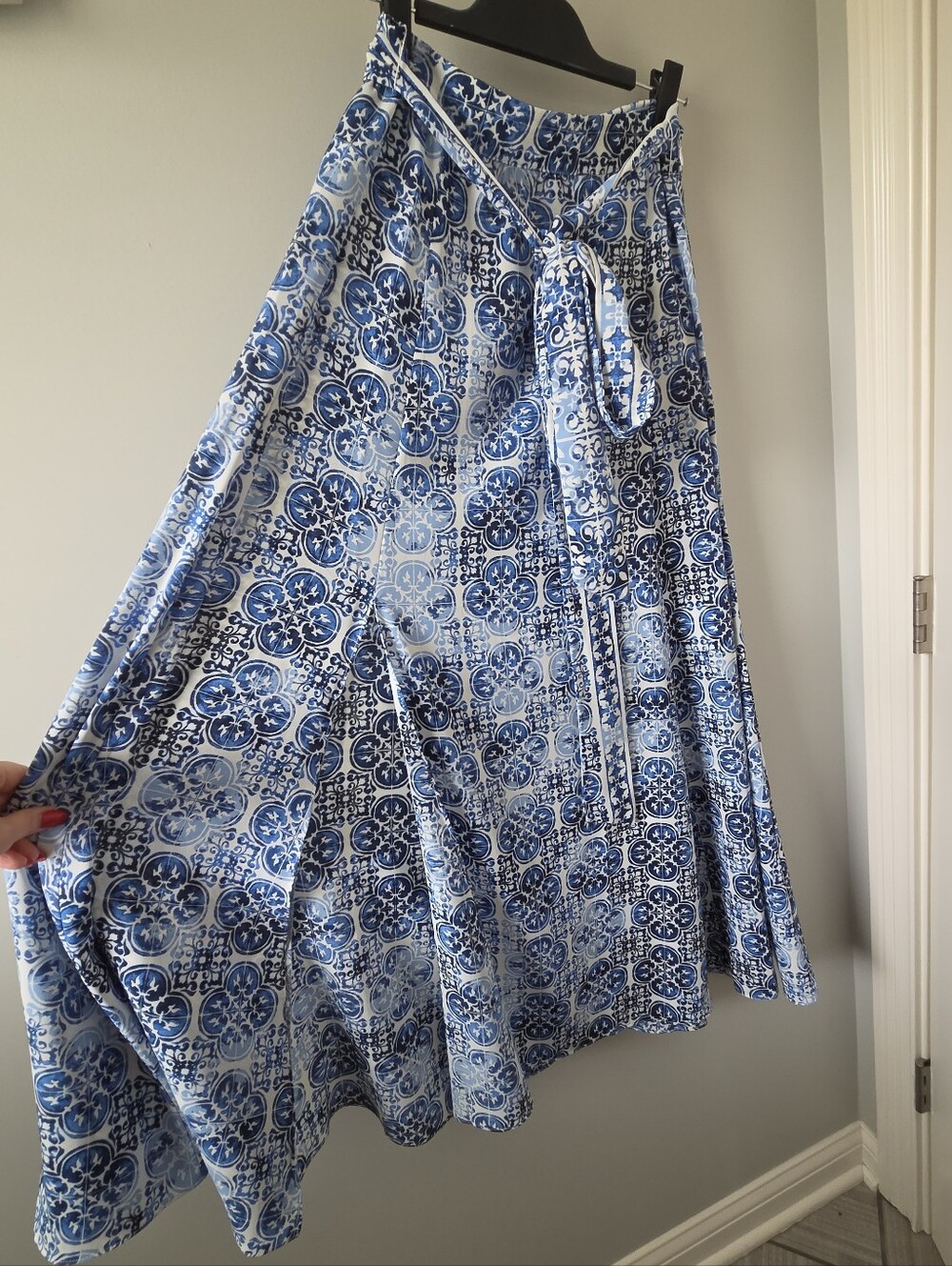 Blue Tile-Print Wrap Skirt